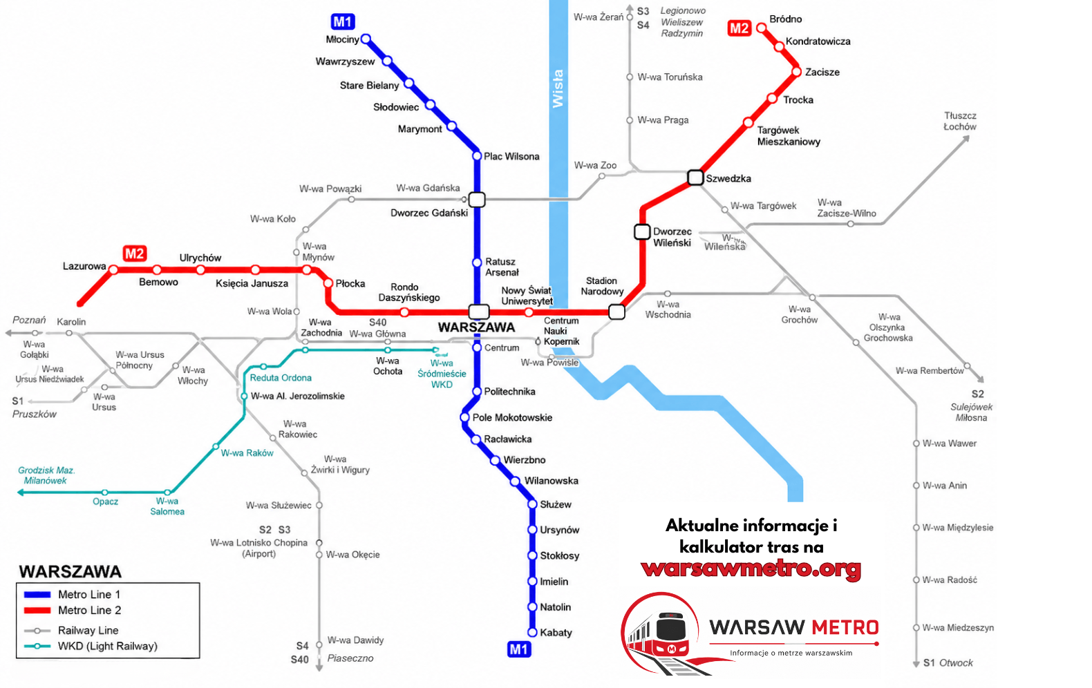 Mapa sieci warszawskiego metra — linie M1, M2 i stacja przesiadkowa